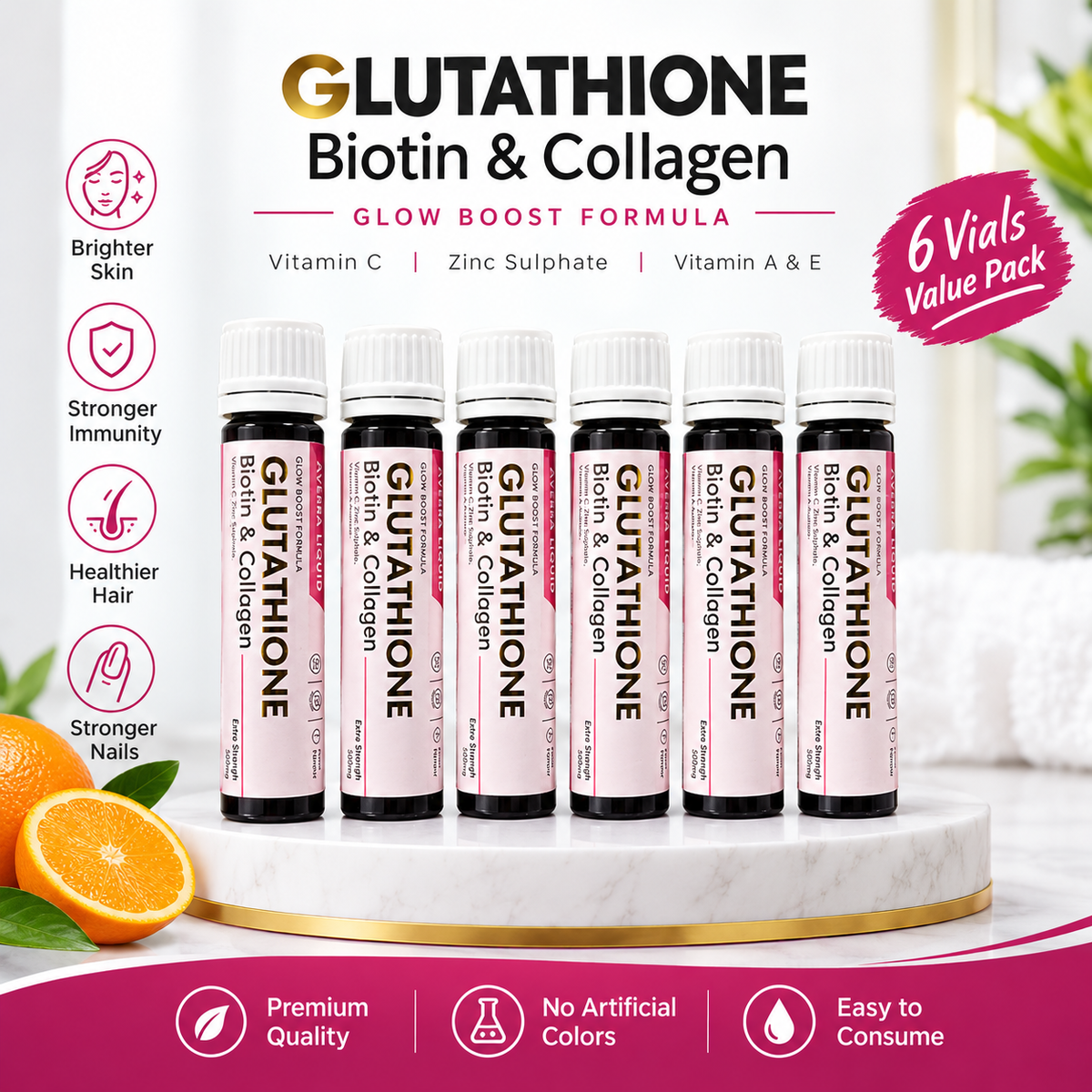 AVÉRA LIQUID Glutathione, Biotin & Collagen Skin Shots – Extra Strength 500mg, 6 Shots